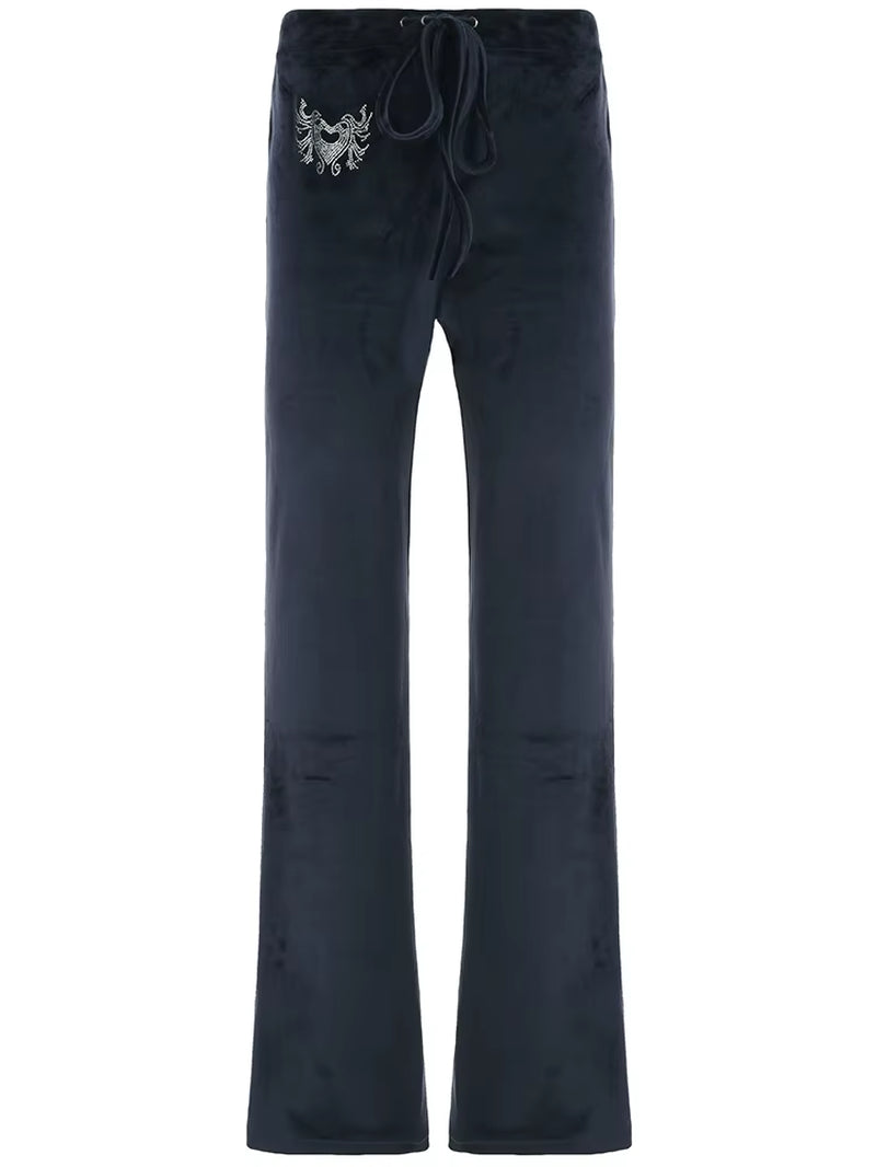 Low Waisted Velvet Flared Heart Rhinestone Pants