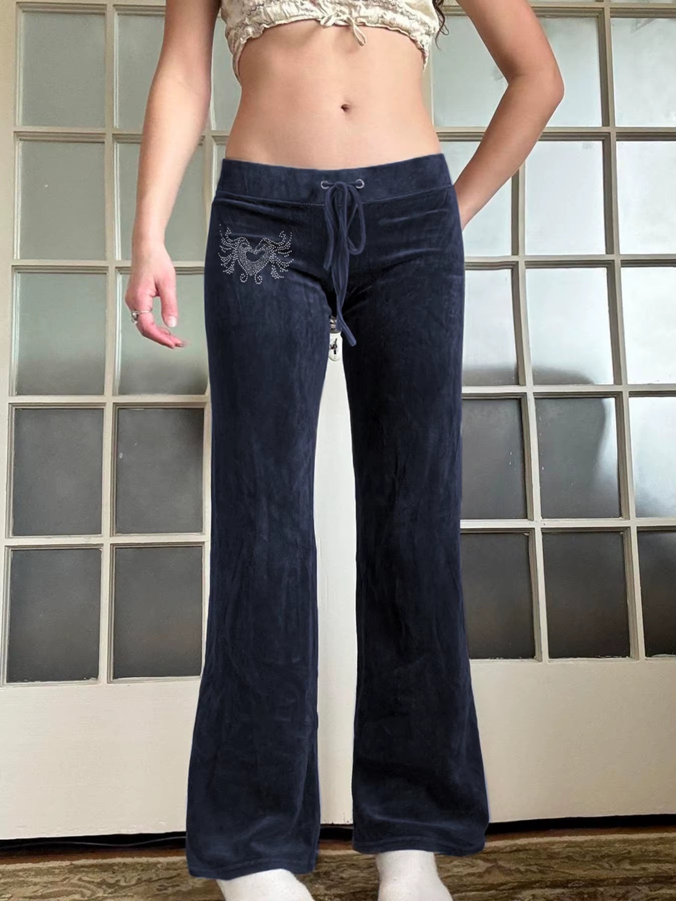Low Waisted Velvet Flared Heart Rhinestone Pants