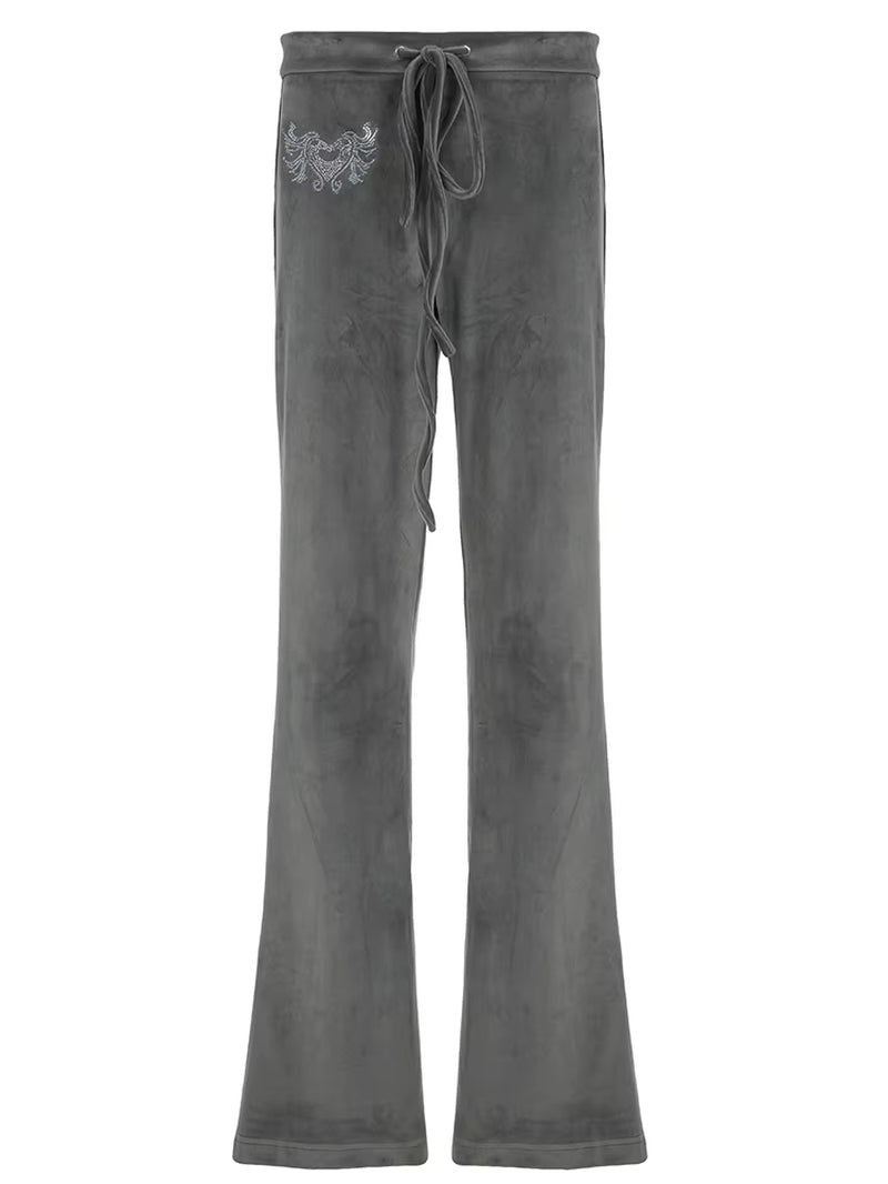 Low Waisted Velvet Flared Heart Rhinestone Pants