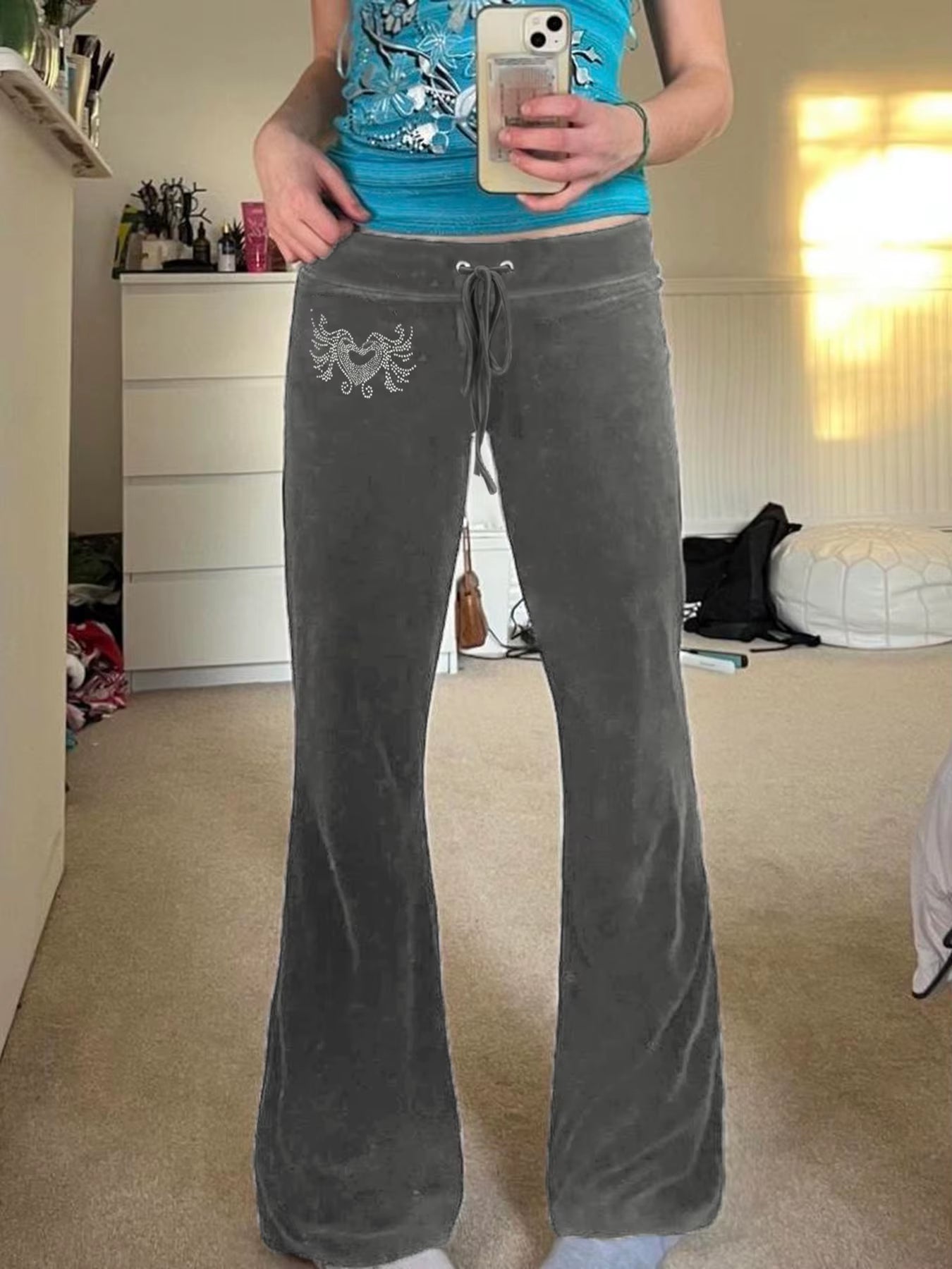 Low Waisted Velvet Flared Heart Rhinestone Pants