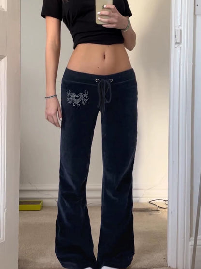  Low Waisted Velvet Flared Heart Rhinestone Pants