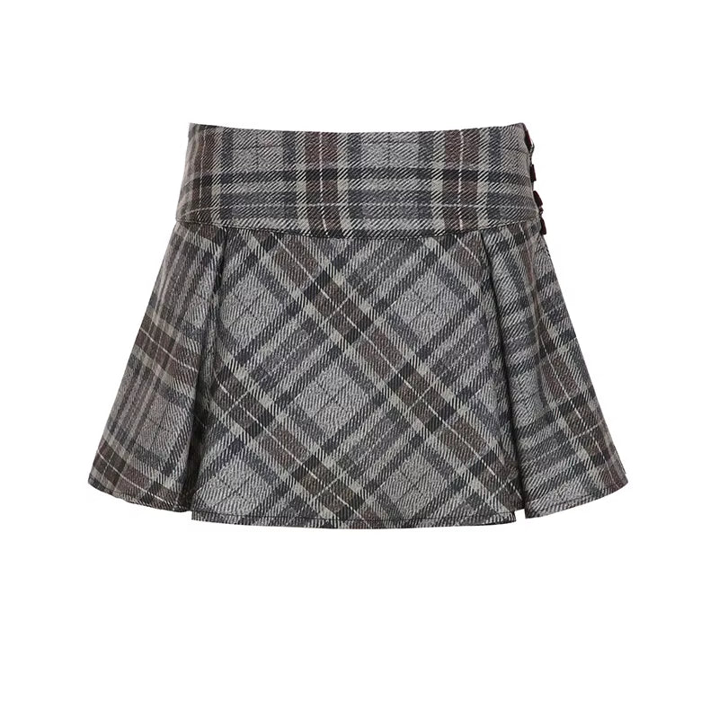 Academia Style Plaid Ruched Women’S A-Line Skirts Fashion All-Match Button Bow Design Mini Skirts Korean