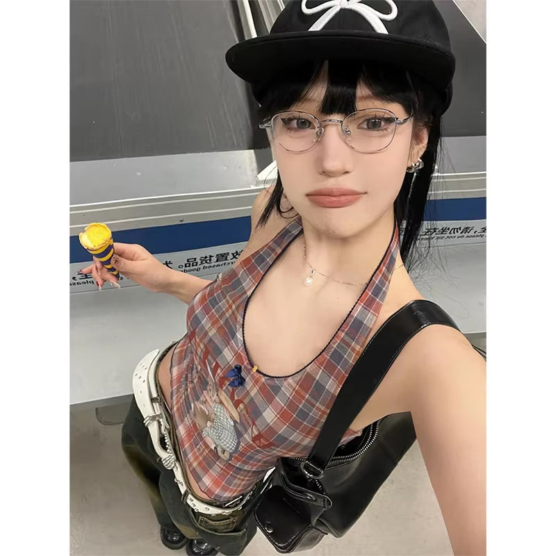 Vintage Mesh Tops Women Sleeveless Plaid Print Tank Tops Y2K Retro Backless Camis Tops Streetwear 2000S Japanses Summer