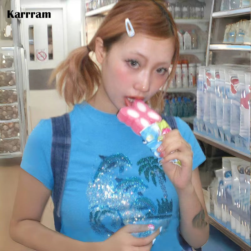 Karrram Japanese Y2K Rhinestones T-Shirt Vintage Harajuku Diamond Print T Shirts Trashy 2000S Aesthetics Blue Tee Shirt Grunge