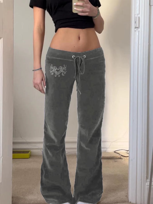  Low Waisted Velvet Flared Heart Rhinestone Pants