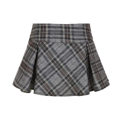 Academia Style Plaid Ruched Women’S A-Line Skirts Fashion All-Match Button Bow Design Mini Skirts Korean