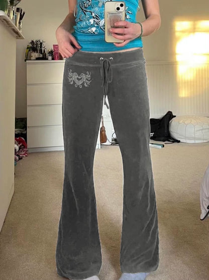 Low Waisted Velvet Flared Heart Rhinestone Pants