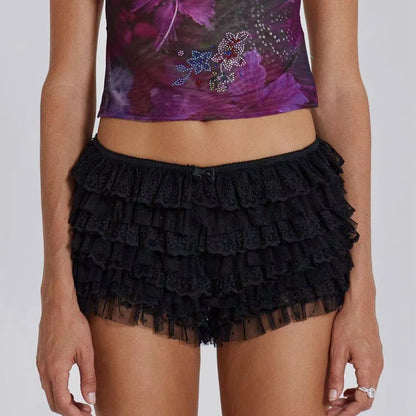 Women Mesh Lace Bloomer Shorts Y2K Layered Ruffle Frilly Booty Shorts Fairy Bowknot Sexy Boy Shorts Panties Party Clubwear